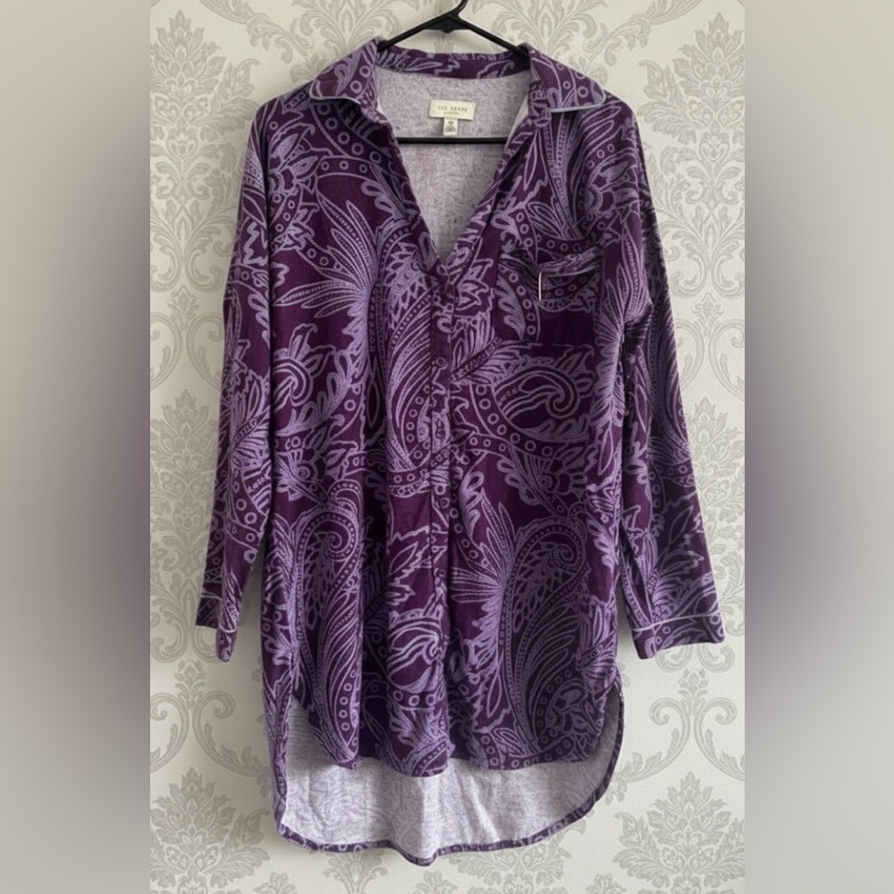 Ted Baker Purple Paisley Long Sleeve Button Pajama Top Shirt Dress Size Medium